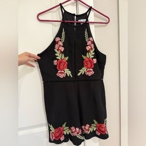 She + Sky Black Mini Dress with Red Floral Embroidery